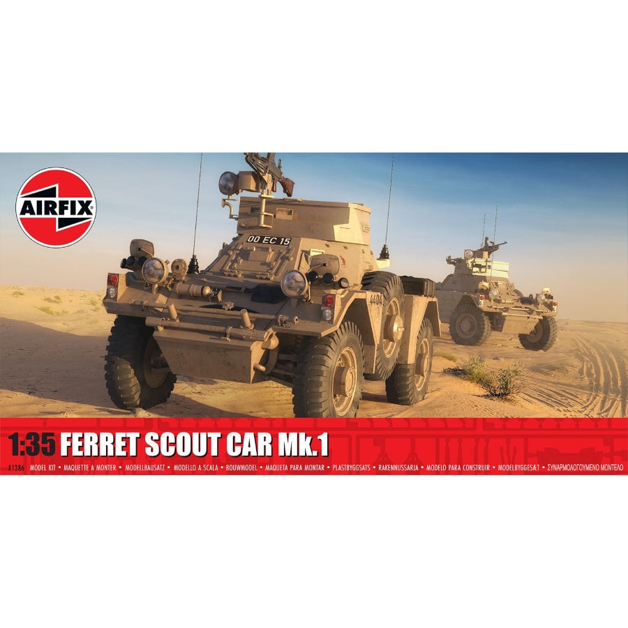 Airfix 1/35 Ferret Scout Car Mk.1 British armoured reconnaissance vehicle model kit with detailed parts for realistic assembly.