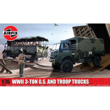 Airfix 1:76 scale Bedford QL 3‑Ton 4×4 military truck model kit showing GS cargo and troop transport variants with canvas top.