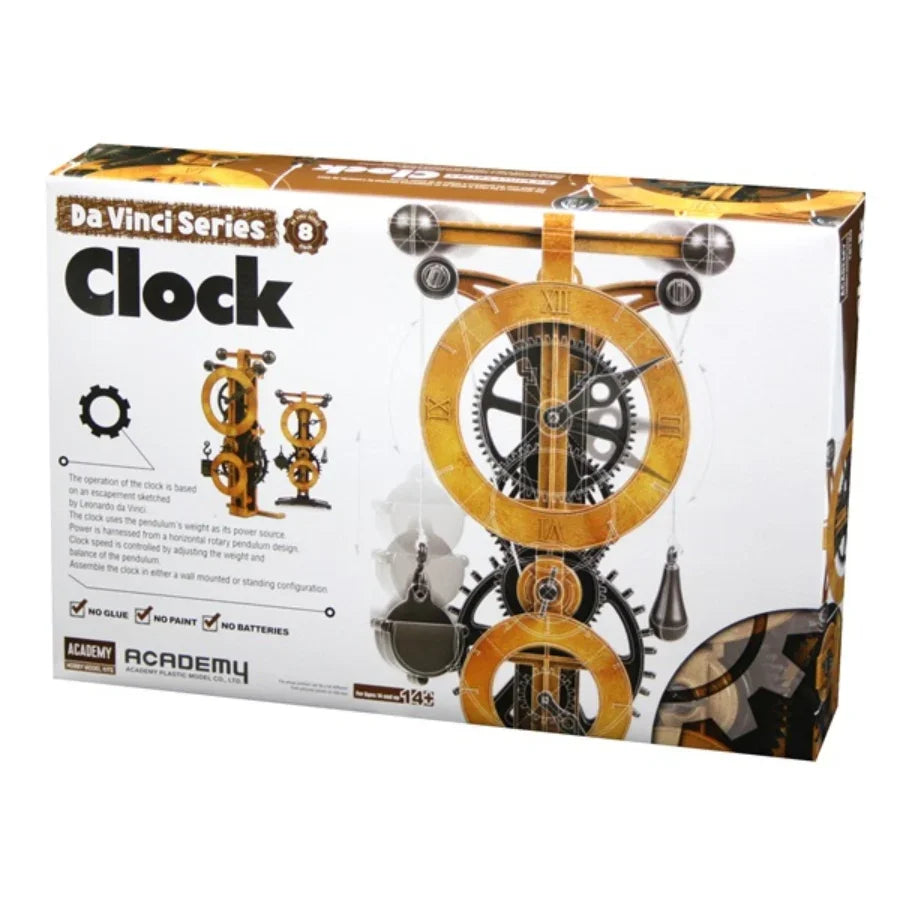 Academy 18150 Da Vinci Clock mechanical wooden model kit with visible gears and clock mechanism.