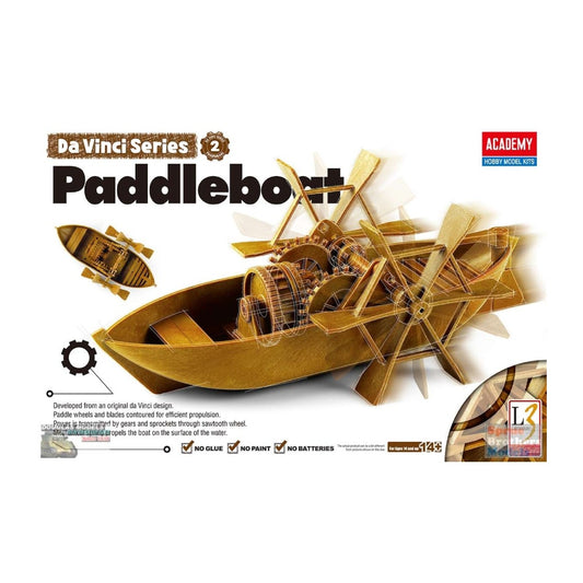 Academy Da Vinci Paddleboat Plastic Model Kit 18130 – educational working model inspired by Leonardo da Vinci’s mechanical design.