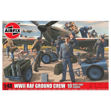 Airfix 1/48 WWII RAF Ground Crew kit: painted figures beside refueling trolley, oil bowser, and ammunition cart diorama setup