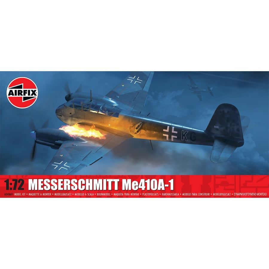 Airfix 1:72 Messerschmitt Me 410A‑1 model kit box art and assembled aircraft showing twin-engine WWII German Hornisse with Luftwaffe markings