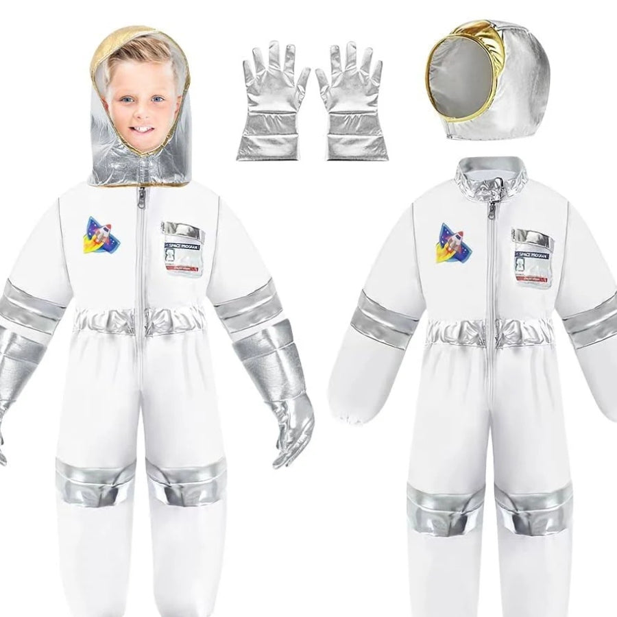Children's astronaut costume with helmet, gloves, and suit on a white background