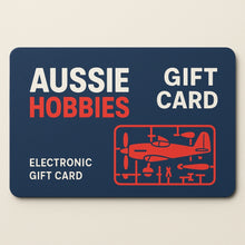 Aussie Hobbies digital e-gift card featuring colourful hobby-themed artwork with instant delivery text