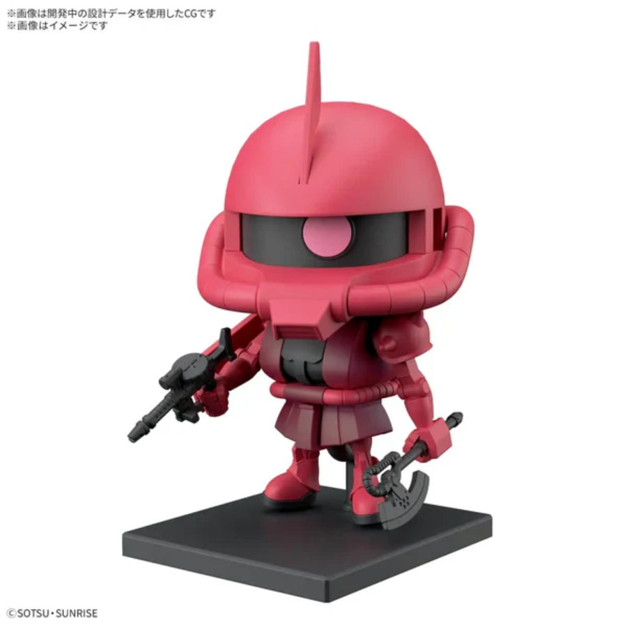 Chibi CharZaku‑Kun model kit posed with Zaku weapons and runner parts displayed beside it
