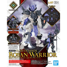 Rosan Warrior Class-Up Armor mounted on a 30MF silhouette figure, featuring horned helmet, shoulder armor, and polearm weapon