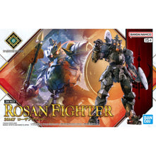 Bandai 30MF Rosan Fighter model kit showcasing armored fantasy knight with axe and round shield on articulated base