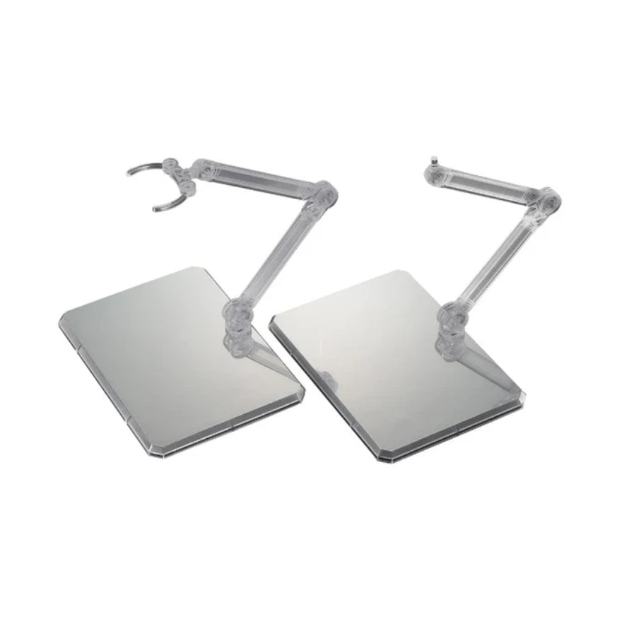 Clear Action Base 7 with mirror stickers, C‑arms, and joint parts for displaying 1/144 scale models
