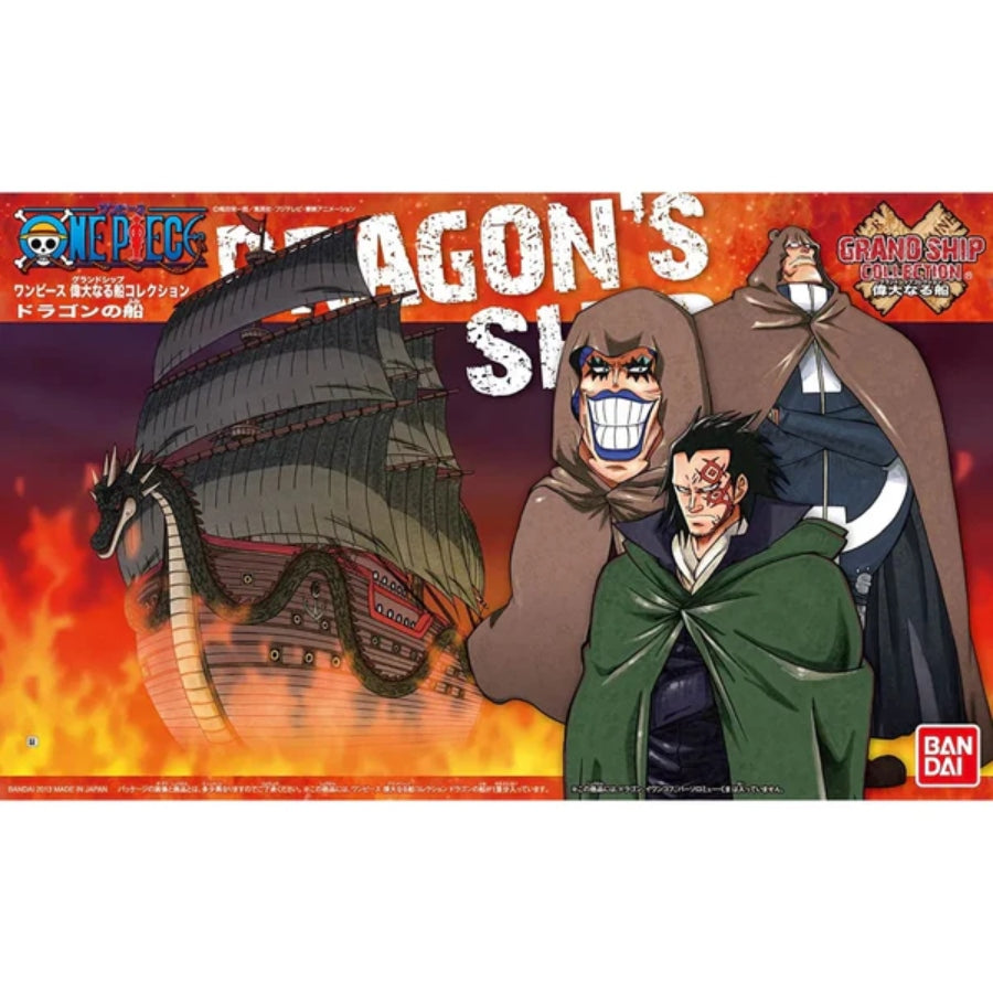 Bandai One Piece Grand Ship Collection Dragon’s Ship plastic model kit with detailed dragon figurehead and blue water effect base