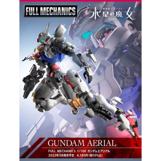 Bandai Full Mechanics 1/100 Gundam Aerial model kit showcasing dynamic pose and detailed accessories