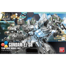 Bandai HGBF 1/144 Gundam Ez‑SR model kit box art and the assembled grey-toned mobile suit in dynamic pose