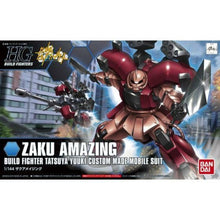 Bandai HGBF 1/144 Zaku Amazing model kit assembled in red‑black finish with rocket pods and long rifle