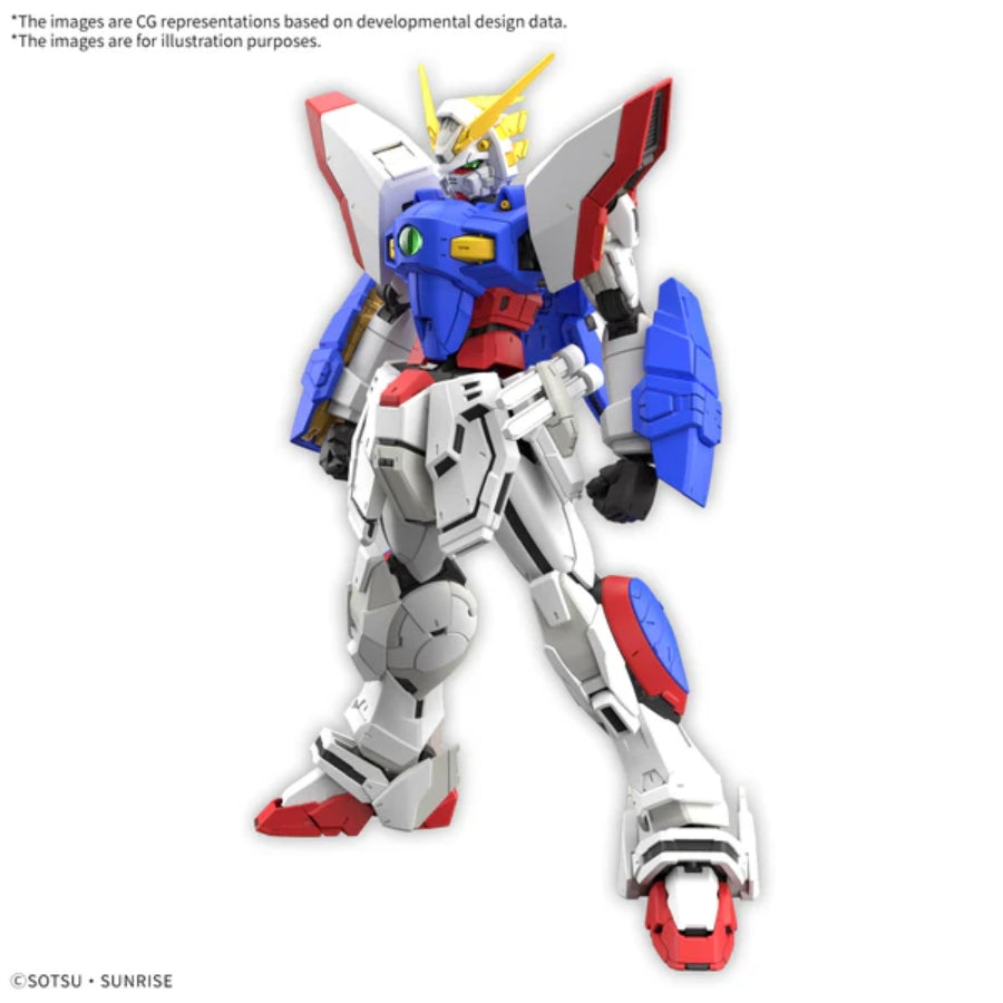 RG 1/144 Shining Gundam model kit showcasing Super Mode transformation with leafy shoulder armor and glowing Shining Finger effect