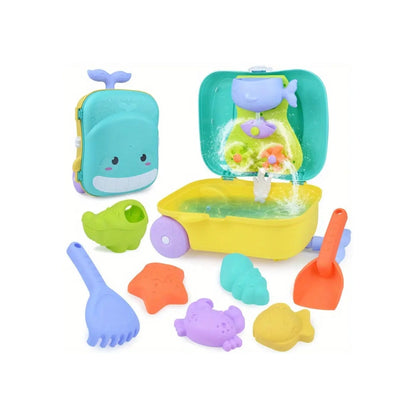 Beach Toy Backpack Suitcase Scoop Sand Toy Set – colourful kids’ sand play set with shovels, scoops, and moulds in a carry case.