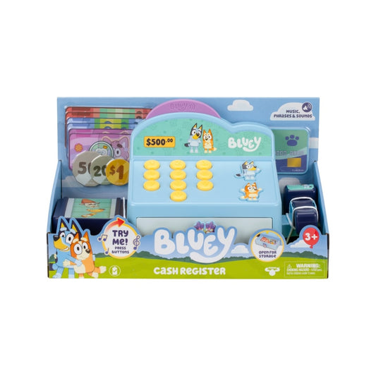Bluey Role-Play Cash Register – colorful toy register with scanner, play money, and Bluey-themed accessories
