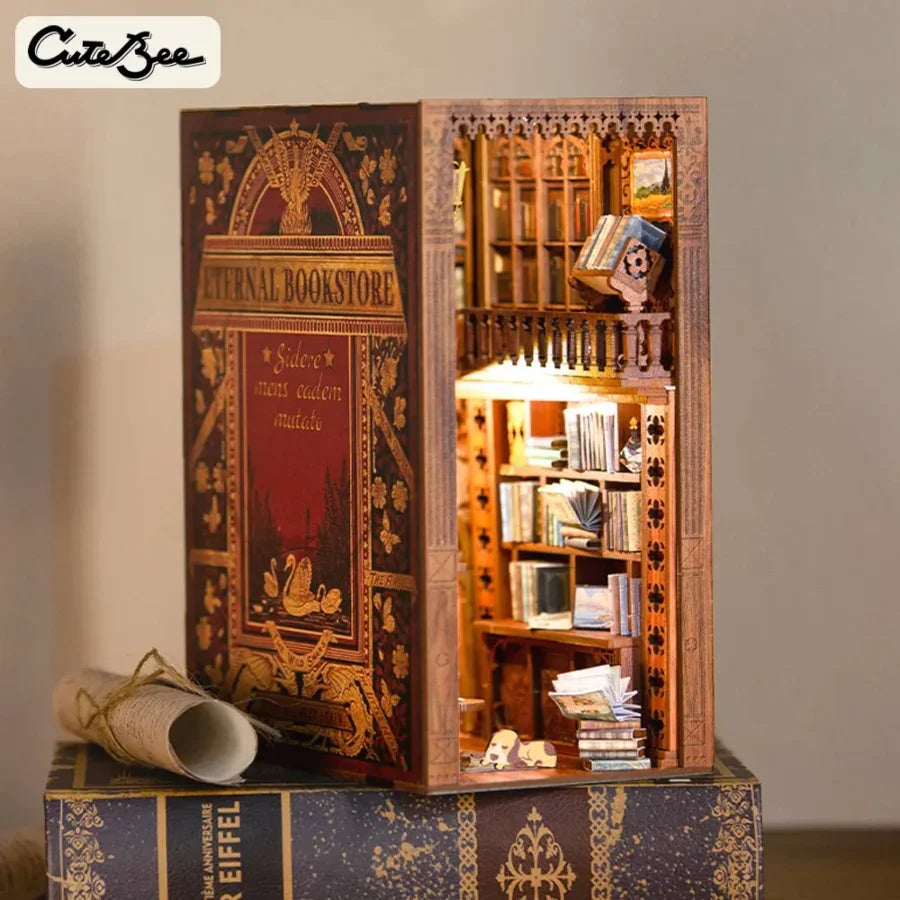 Eternal Bookstore miniature bookshelf diorama with LED lighting, detailed woodwork, and vintage book decor for hobby collectors