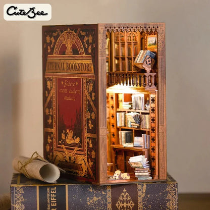 Eternal Bookstore miniature bookshelf diorama with LED lighting, detailed woodwork, and vintage book decor for hobby collectors