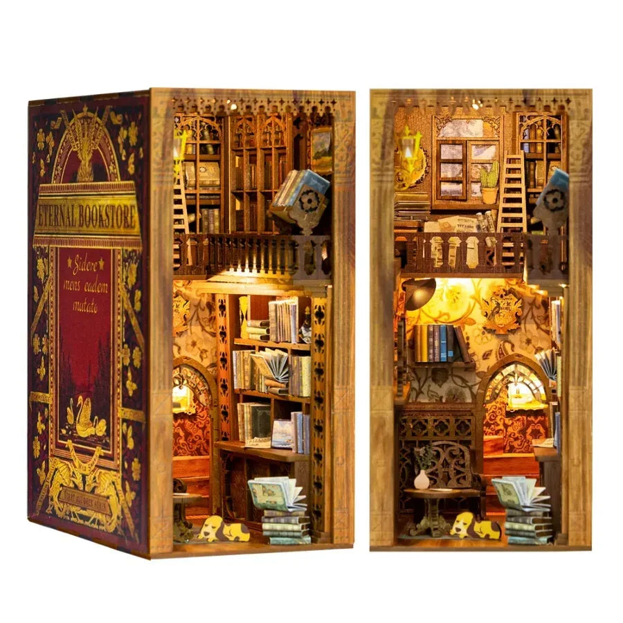 Eternal Bookstore miniature diorama with lit shelves, books, and cozy reading nook for hobby collectors