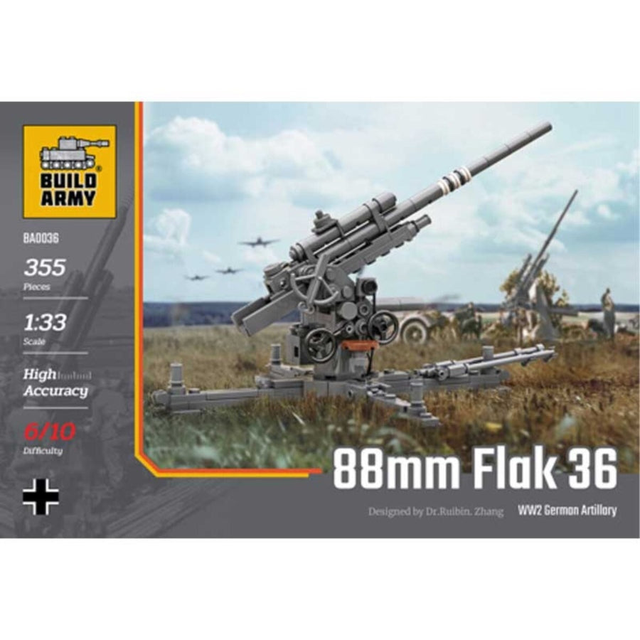 Build Army 88 mm Flak 36 BA0036 – WWII German heavy artillery brick model kit, 355-piece, 1:33 scale, LEGO®-compatible military construction set.