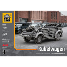 Build Army Kubelwagen BA0005 – WW2 German military brick car model kit, 178 pieces, 1:33 scale, compatible with LEGO® bricks for hobbyists and collectors.