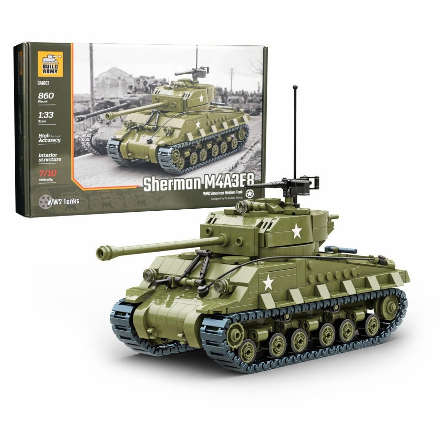 Build Army Sherman M4A3E8 BA1002 1:33 scale WW2 military tank building blocks model.