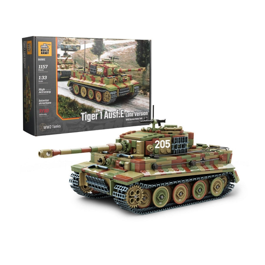 Build Army Tiger 1 Ausf.E Late Version Camo WWII German Heavy Tank 1:33 Scale Building Blocks Set BA0181C.