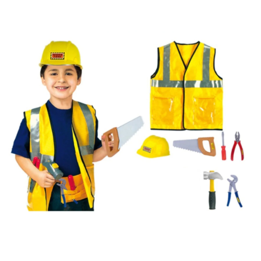 Builder Kids Costume Dress Up Set – construction worker outfit with hi-vis vest, helmet, pants & toy tools for pretend play.