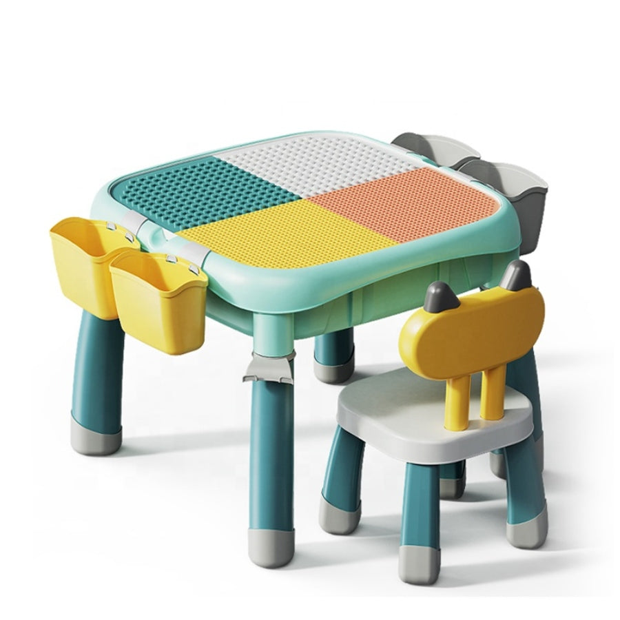 Kids Plastic Activity Table and Chair Set – Building Block Table for Children with LEGO-compatible top and colourful chairs for play and learning.