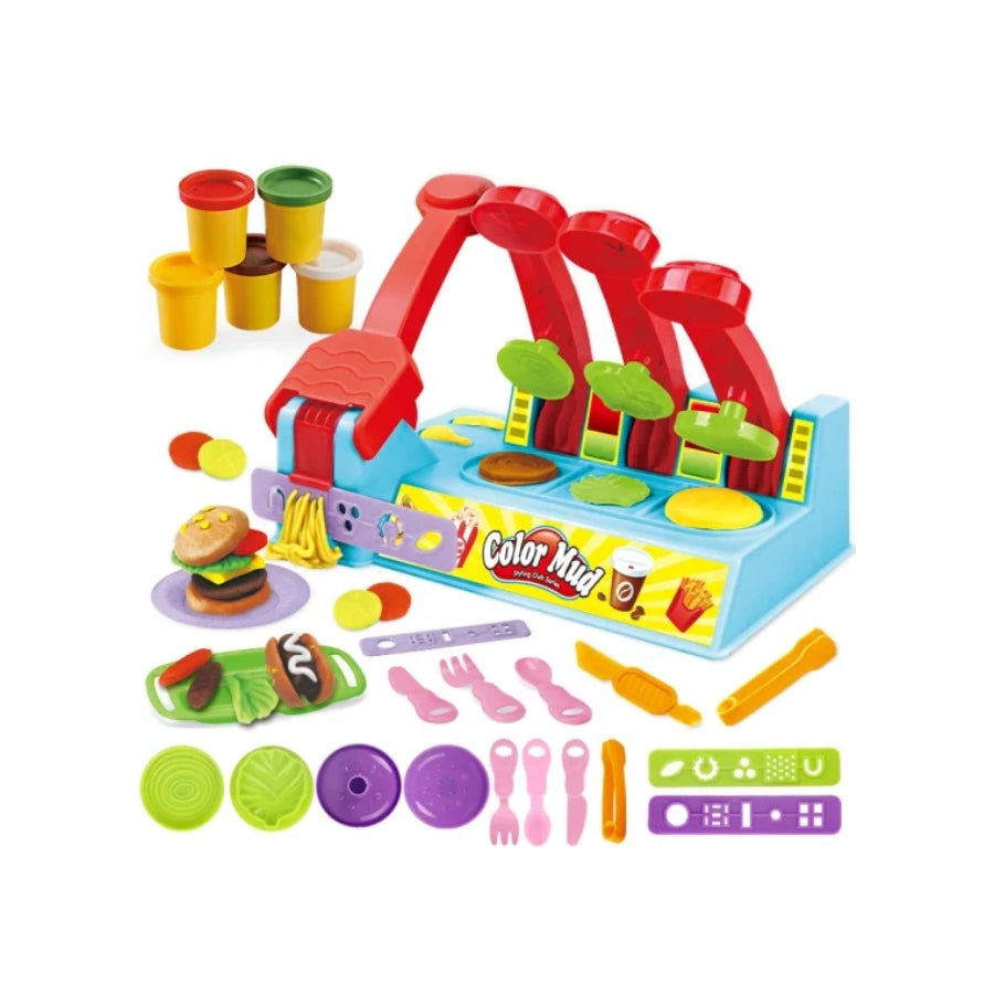 Burger Master Colour Mud Toy Set – colourful kids’ modelling dough play kit with burger maker, moulds, tools & accessories.
