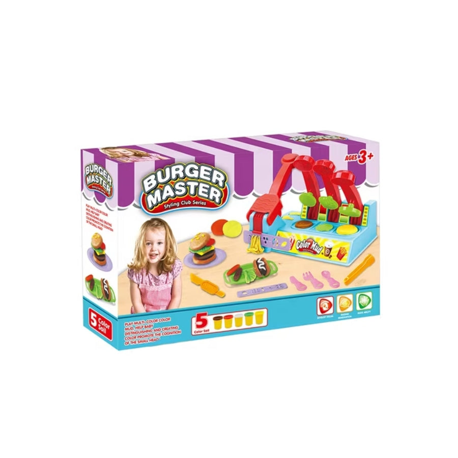 Box of Burger Master toy set with colorful design and child's face on a white background