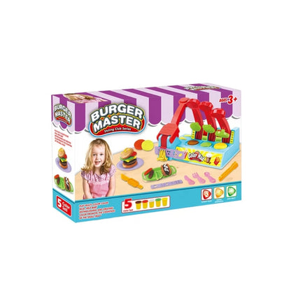 Box of Burger Master toy set with colorful design and child's face on a white background