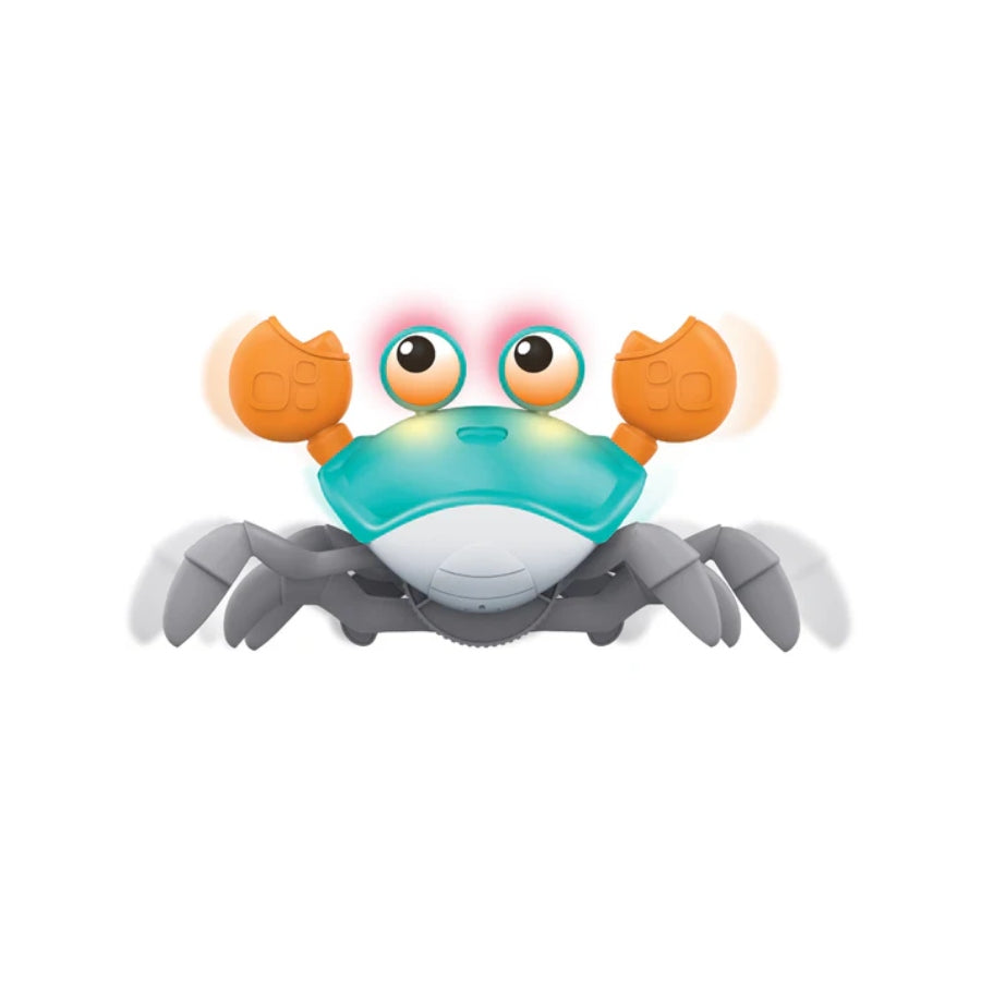 Blue Toy crab with glowing eyes on a white background