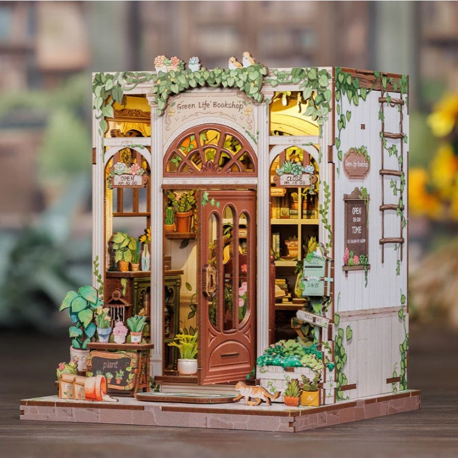 Cutebee Green Life Bookshop DIY book nook miniature plant-themed bookstore scene.