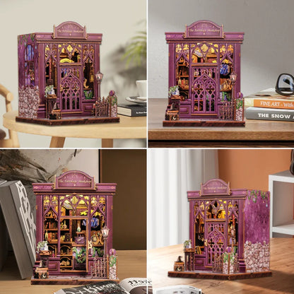 Miniature astrology bookshop DIY kit, purple storefront with detailed bookshelves and decor