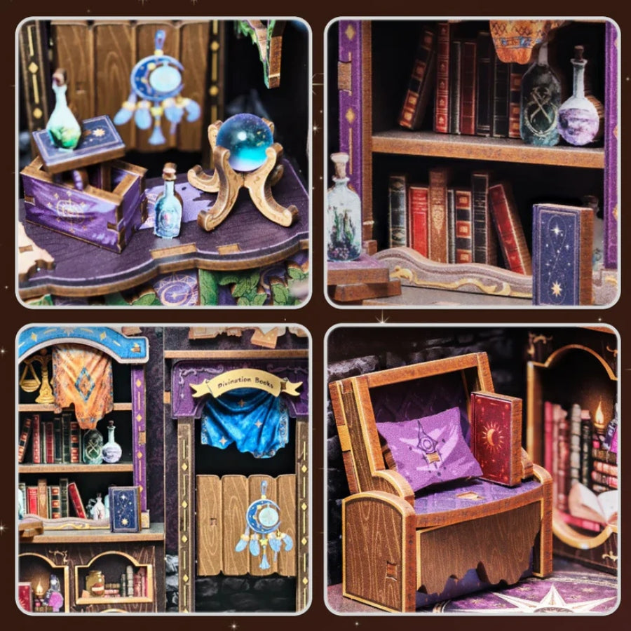 Miniature DIY astrology bookshop kit with bookshelves, crystals, and mystical decor