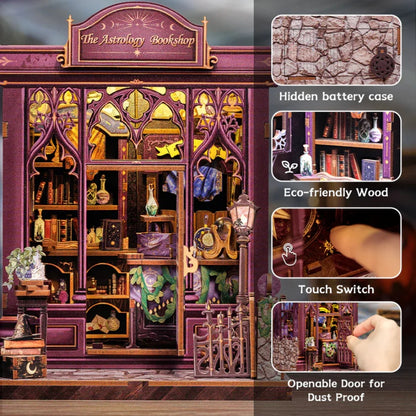 Miniature astrology bookshop DIY kit with detailed storefront, books, touch switch, and openable door.