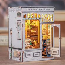 Miniature bookstore DIY kit with detailed furniture, bookshelves, and open door display