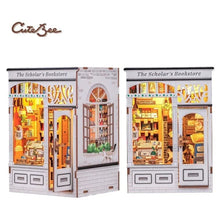 Miniature DIY bookstore dollhouse kit with detailed bookshelves and cozy interior lighting