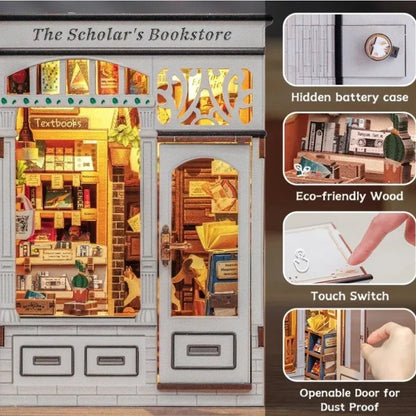 Miniature bookstore DIY book nook kit with detailed shelves, LED lighting, eco-friendly wood, touch switch, and openable door features displayed.