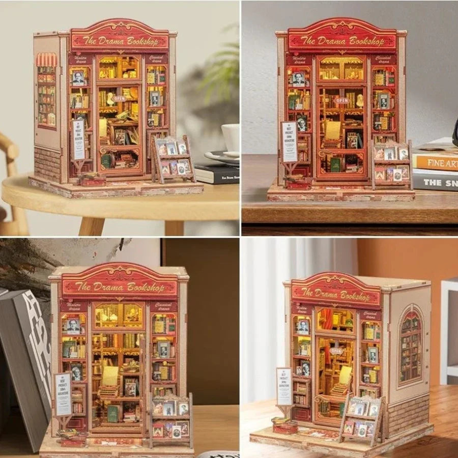 Miniature wooden bookshop model with detailed shelves, books, and warm lighting for hobby collectors.
