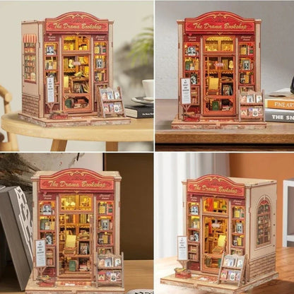 Miniature wooden bookshop model with detailed shelves, books, and warm lighting for hobby collectors.