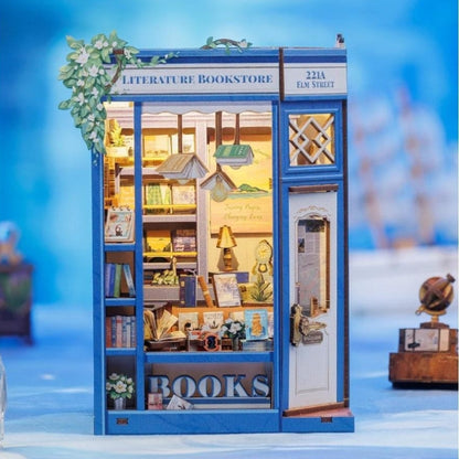Cutebee Literature Bookstore DIY book nook miniature dollhouse bookshelf scene.