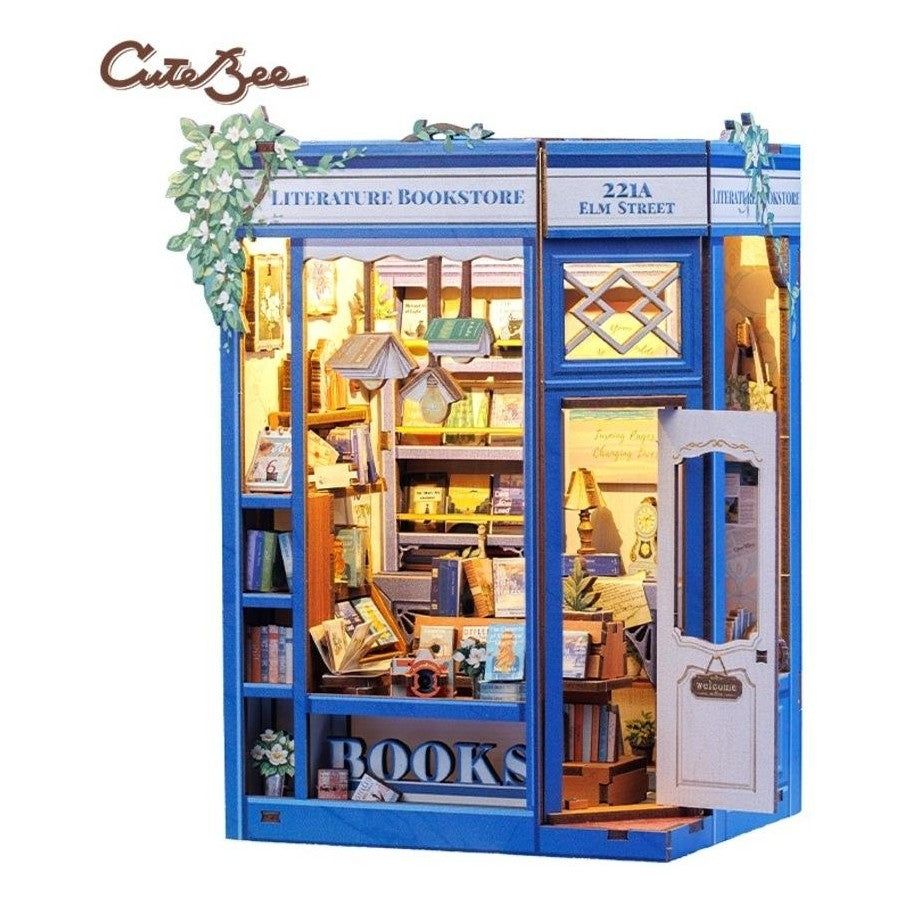 Cutebee Literature Bookstore DIY book nook miniature dollhouse bookshelf scene.