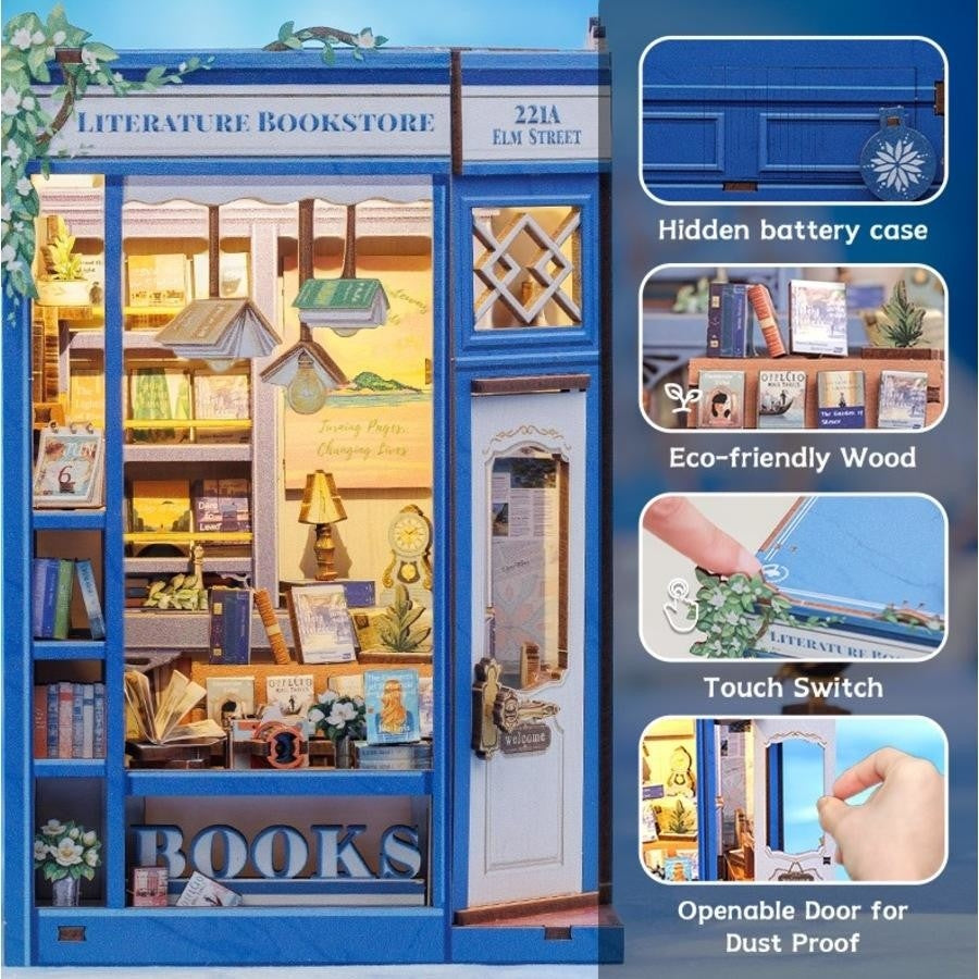 Cutebee Literature Bookstore DIY book nook miniature dollhouse bookshelf scene.