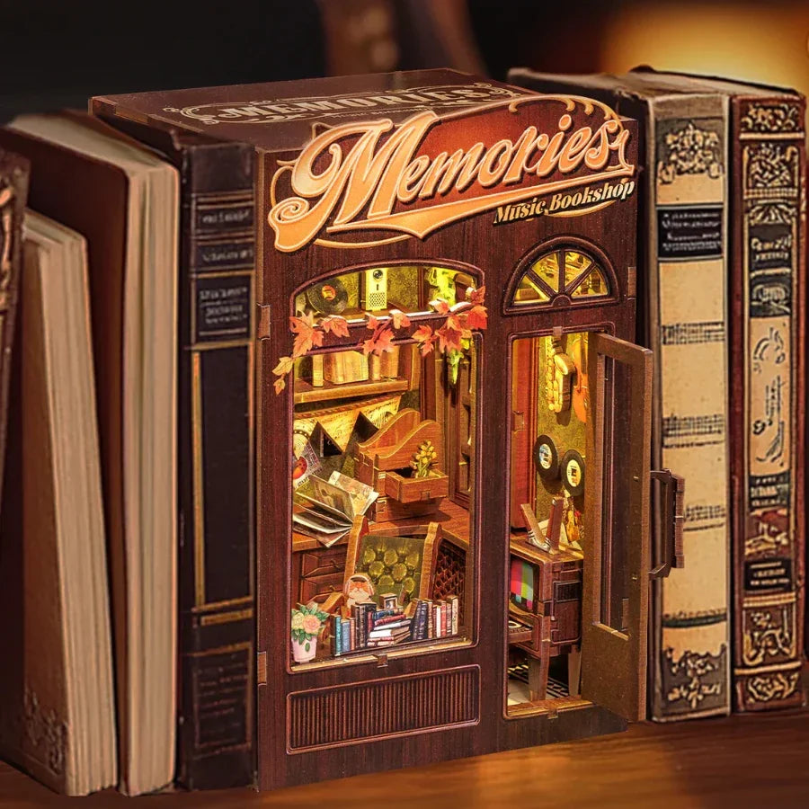 Cutebee Memories Music Bookshop DIY Book Nook miniature diorama craft kit with music-themed bookshop scene.