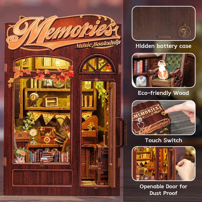 Cutebee Memories Music Bookshop DIY Book Nook miniature diorama craft kit with music-themed bookshop scene.