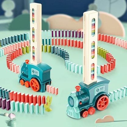 Domino Train Toy Set for Kids – automatic domino laying game promoting STEM learning, coordination, and creative play.