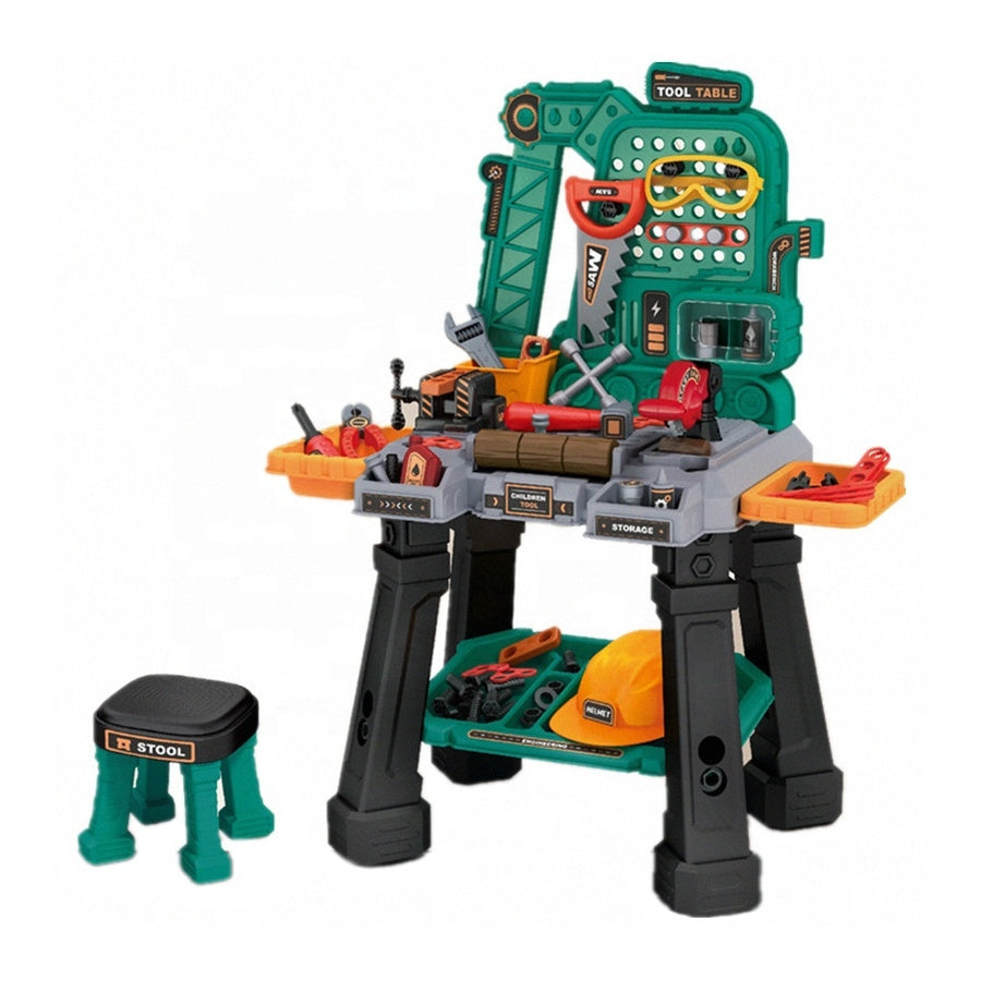Toy tool bench set with tools and accessories on a white background