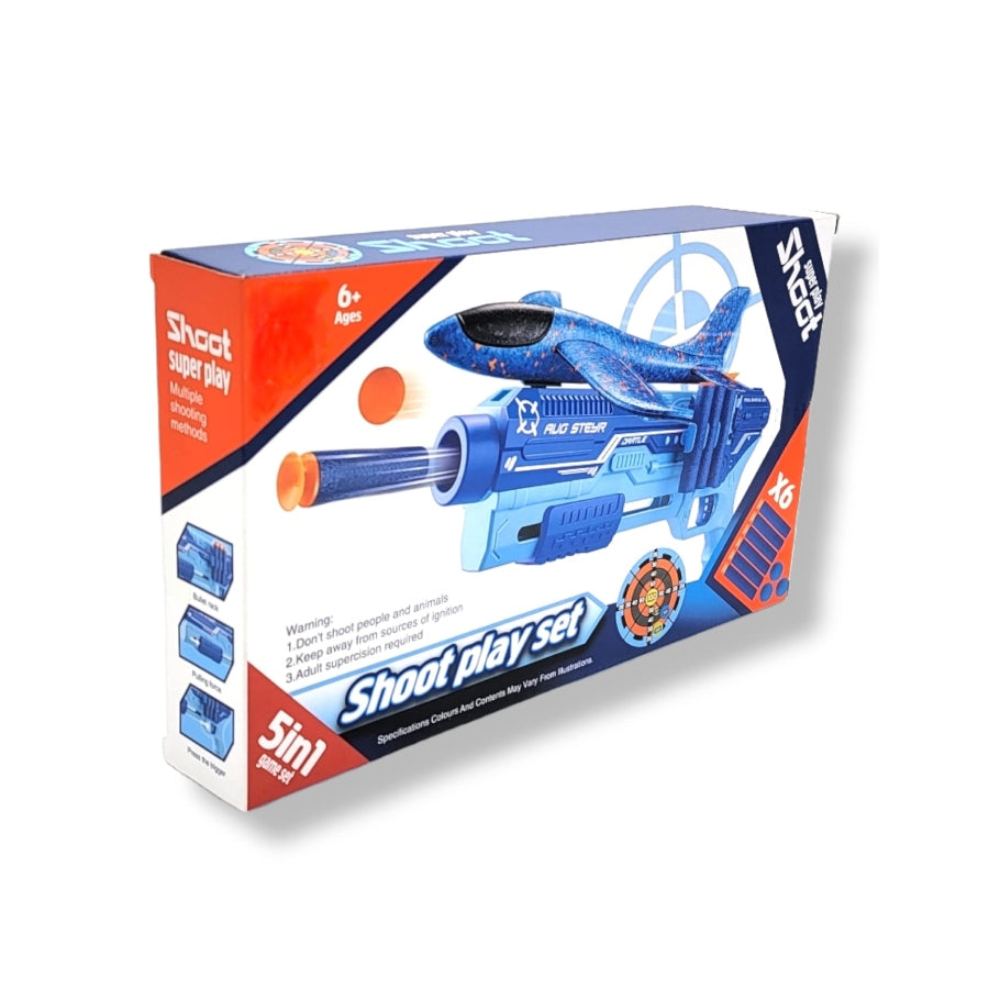 Foam 5-in-1 Airplane Launcher and Foam Ball Blaster Toy Set – colourful kids’ outdoor toy set with foam gliders and safe air-powered launcher.