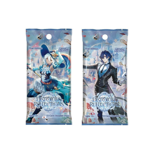 Distorted Reflections 1st Edition Booster Box showing underland-inspired art, 24 booster packs with flash of Wonderland imagery